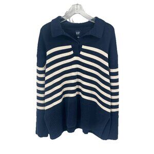 Gap Navy Blue Stripe Sweater Collar Nautical Preppy Old Money Sz Large